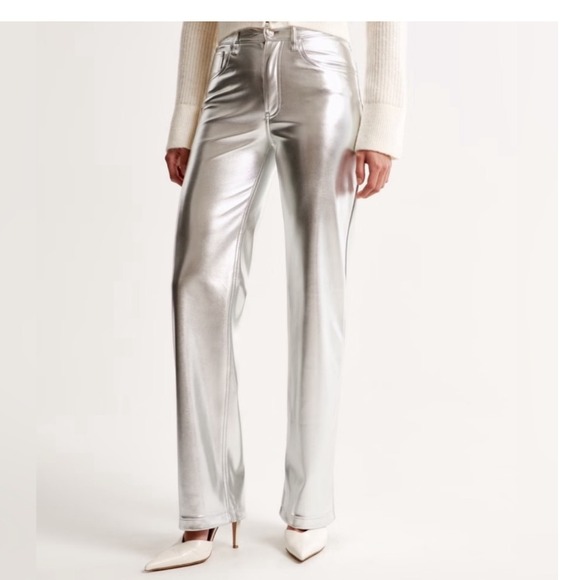 Abercrombie Fitch Vegan Leather Metallic Silver Straight Leg Pants Women Size 27